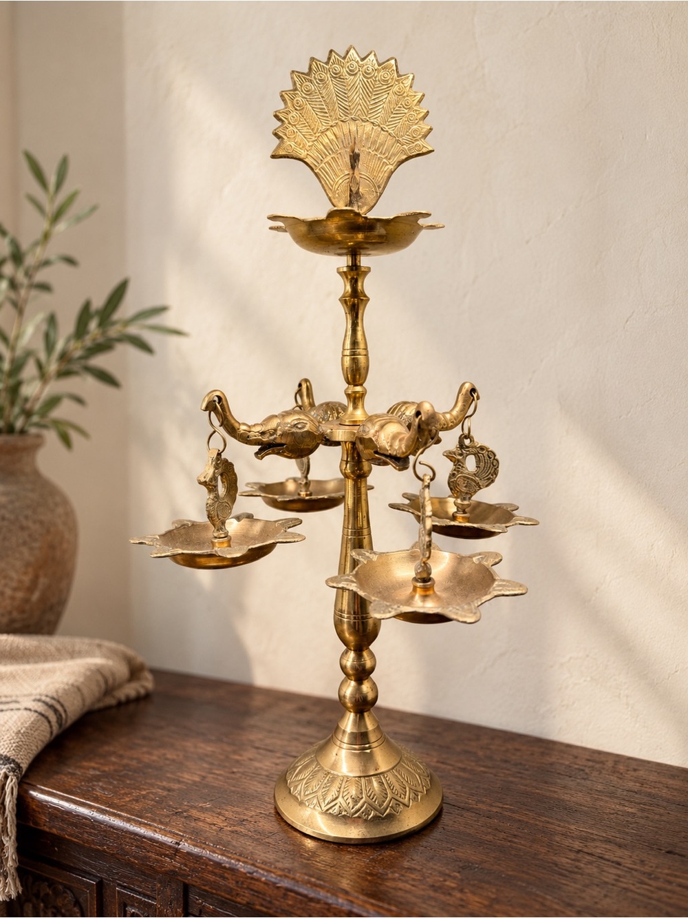 Indian Brass Kerala Diya Peacock Elephant 5 Light Oil Lamp Puja Diwali